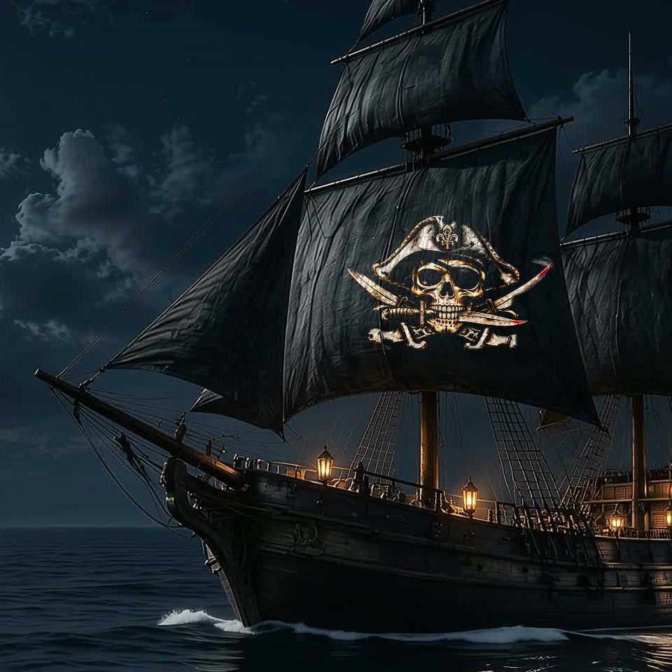Pirate Style emblem with full hat, eyepatch and crossed cutlasses on the black sail of a ship